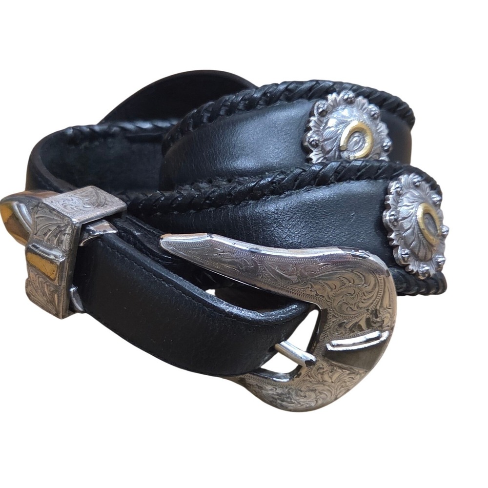 Vintage 1996 Black Leather Western Belt Silver Gold Horseshoe Conchos Boho Small
